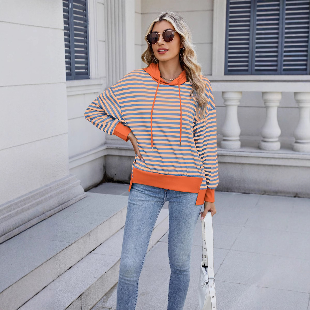 2025 Spring Summer New Loose Striped Sweatshirt Color Block Irregular Top