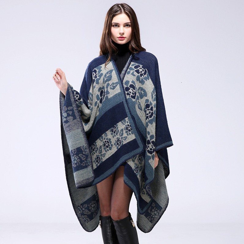 Feng Womens Autumn Winter Thickened Small Flower Warm Imitation Cashmere Shawl Cape Reversible Coat Womens Scarf