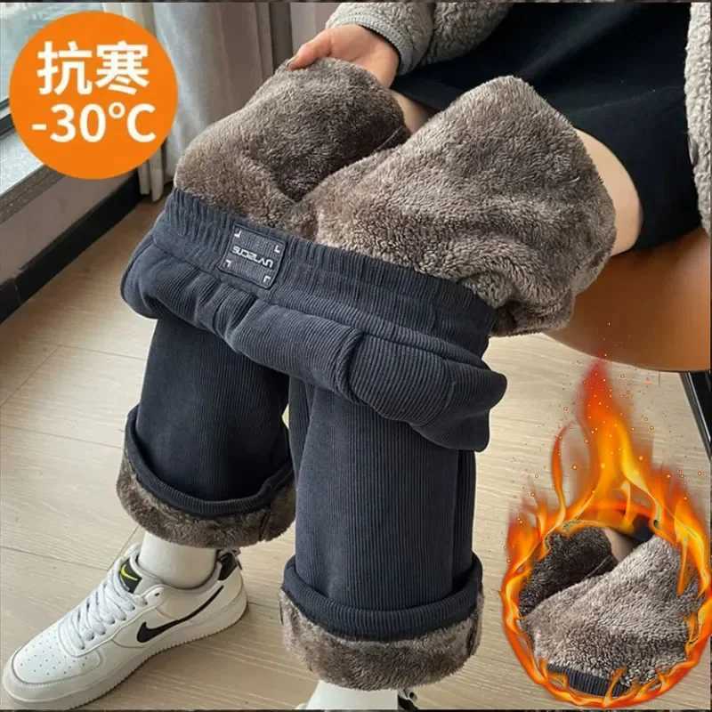 Winter Warm Thicken Lambswool Straight Pants Women Casual Elastic High Waist Fleece lined Wide Leg Pantalones Chic Baggy CalcaT251025