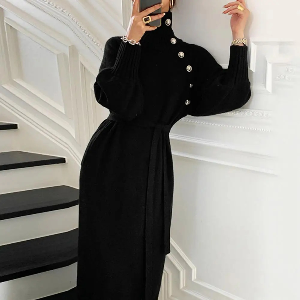 Vintage Turtleneck Buttons Long Sleeve Long Dresses Winter Fashion Casual Loose Knitwear Warm Women Knitted Dress Black Apricot 251023