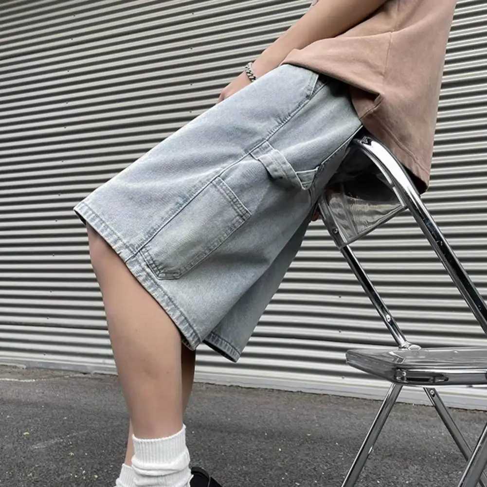 Fashionable Loosefit Straightleg Denim Shorts Simple Solid Color Casual Versatile Mens Fivepoint PantsXJ251025