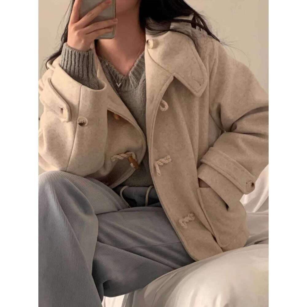 Chic Ort Women S Woolen Coat Autumn Winter Button Up Hat Design Korean Sle Commute Pure Color Long Sve Straight Cut
