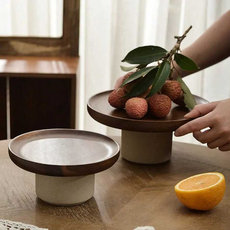 Japanese Cake Fruit Tray Wood Egg Tray Dessert Storages Shelf Ceramic Tall Footed Snack Decorative Tray Kitchen Accessories Y251025