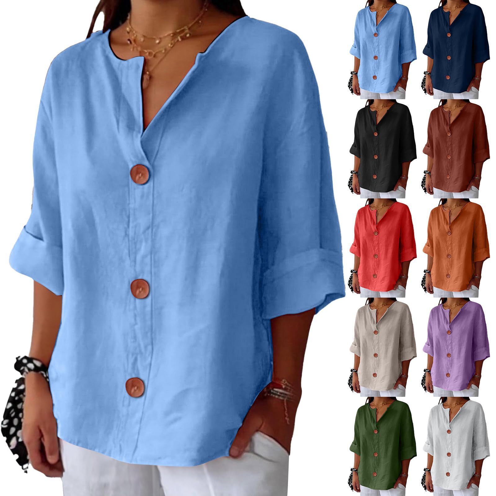 2025 Spring/Summer New Loose T-Shirt Women's V-Neck Cotton Linen Button Top
