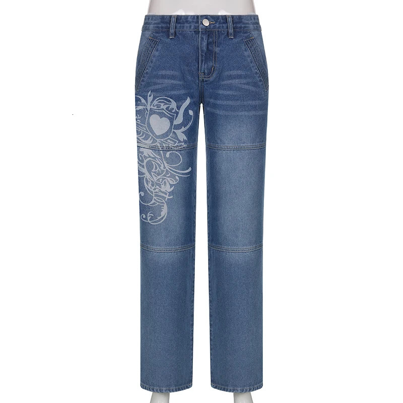 Womens Harajuku Print Jeans Floral Print Vintage Aesthetic Baggy Straight Pants Grunge Casual Outfits Trousers Streetwear Y2k 251023