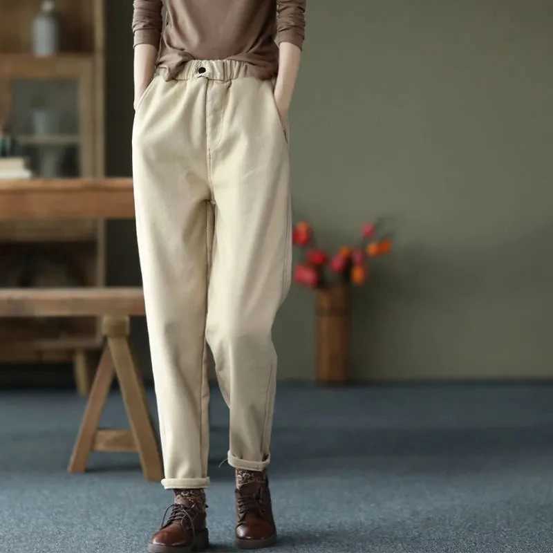 Women Khaki High Waist Plus Velvet Anklelength Pants Winter Casual Thick Warm Harem Trousers Loose Pantalon Cotton SweatpantsT251025