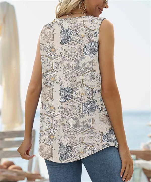 2025 New Summer Sleeveless Square Neck Printed Tank Top T-Shirt for Women