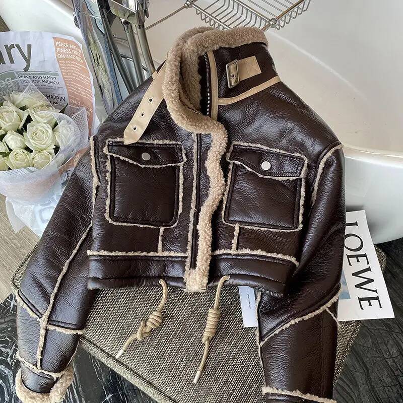 Black Lambswool Jacket Winter Thickened Plus Veet Motorcycle Faux Leather ing Coat PU Plush Cardigan Stand Collar Tops dongdumaoyi