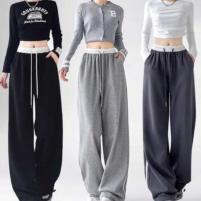 Spring Women Classic Stripe Sweatpants Lady High Waisted Designer Sports Trousers Female Daily Elastic Lace Up Wide Leg PantsT251025