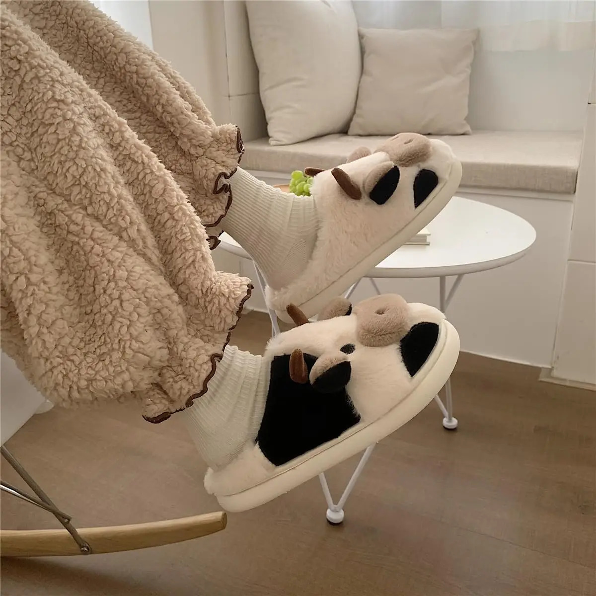 Shevalues Plush Cartoon Milk Cow Slippers Winter Women Slippers Furry NonSlips Women Cotton Slides Couples Soft Cozy Flat Shoes251020