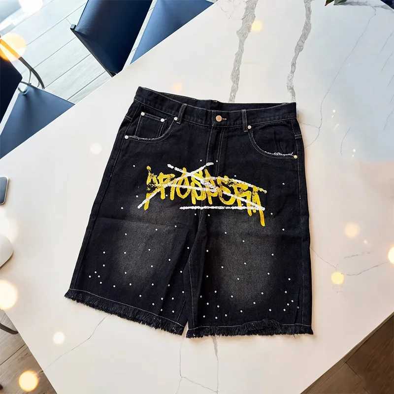 American retro washing jeans graffiti style text print casual fashion denim shorts trendy men and women hiphop streetwearXJ251025