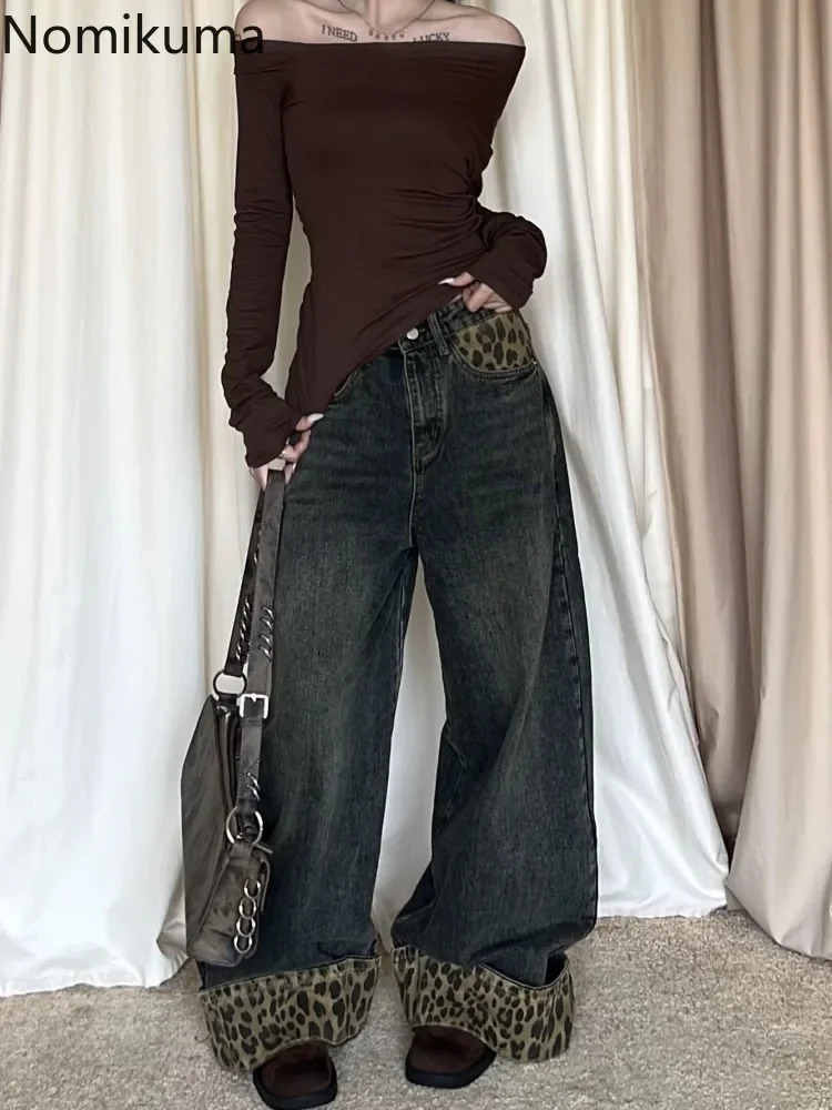 Retro Leopard Print Y2k Jeans for Women Harajuku Wide Leg Pants 2025 Bottoms Denim Trousers Casual Straight Fashion Trousers 251023