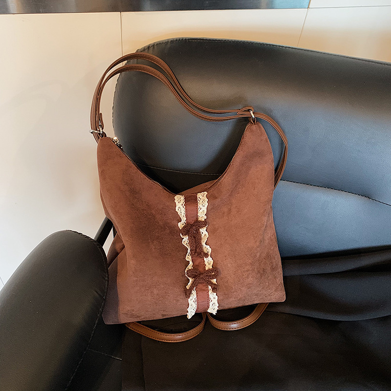 New hot selling retro suede bow women's designer handbag, large capacity parent-child commuting shoulder bag, three in one handbag and backpack