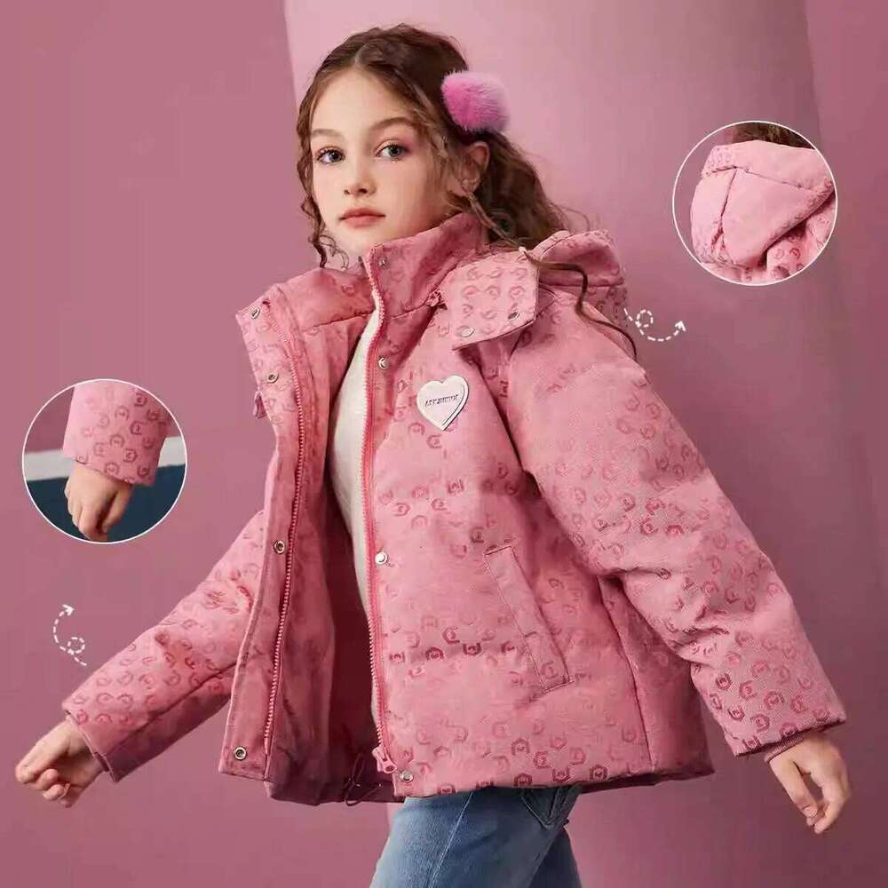 Winter Warm Girls Pink All-Over Print Crop Hooded Zip Puffer Jackets School Kids Thick Coats Children Outfit Windbreaker 5-16 Yr