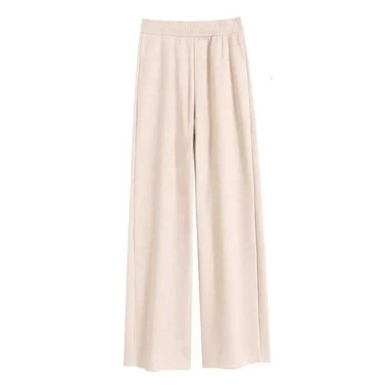 Autumn Winter Korean Fleece Women Thicken Pants Elastic Waist Stright Long Wide Leg Pants Fleecelined Knitting Warm TrousersT251025