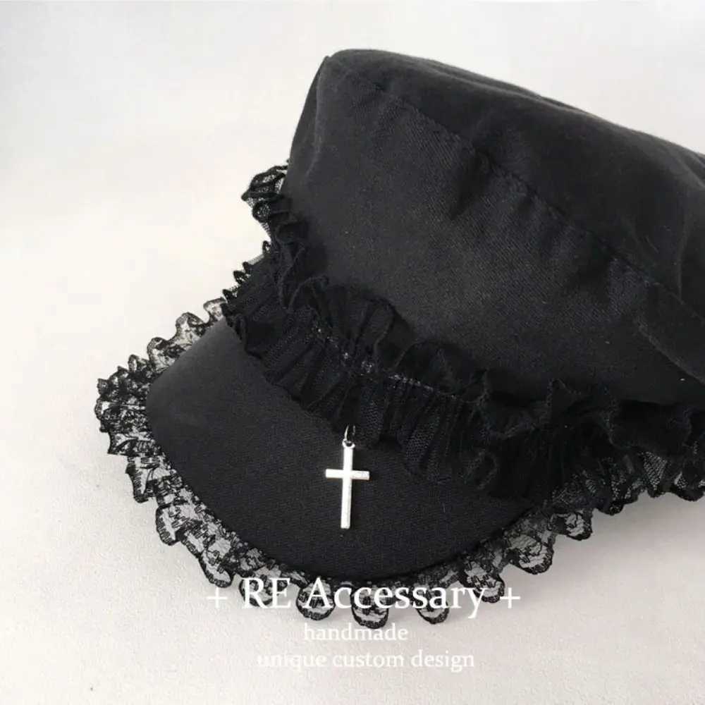 Fashion Double Layer Lace Y2K Hat Girl Cool Black Painter Hat Lace Beret Cs Millennium Dark Design Outdoor Sun Hat For Adt Y251025
