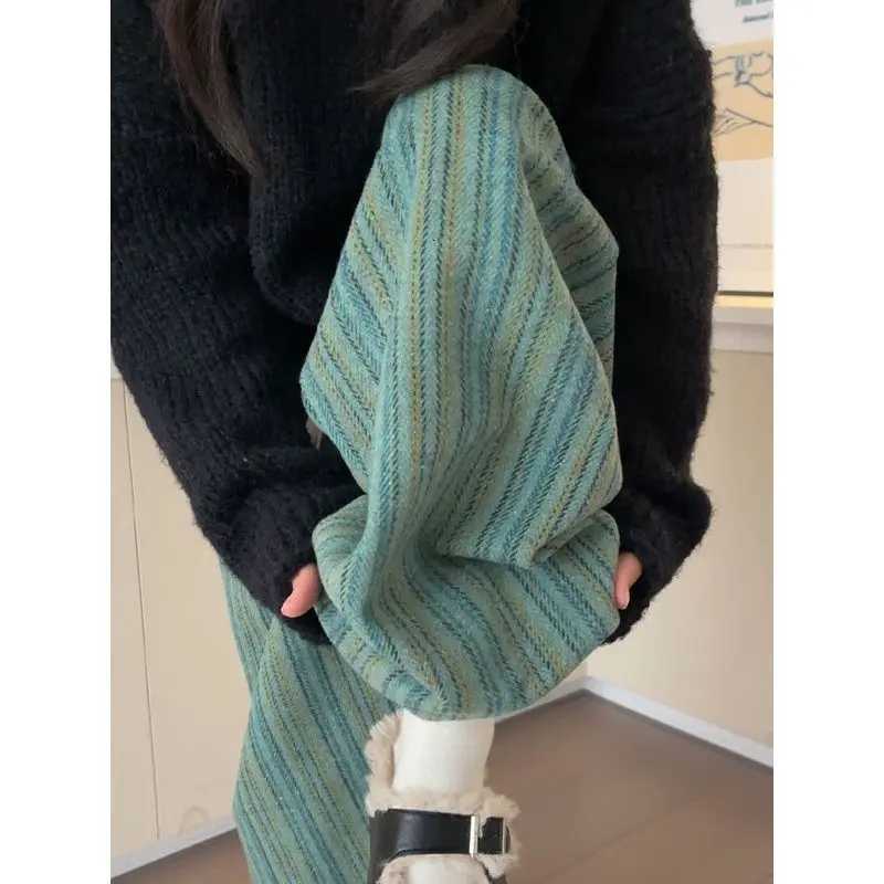 Woolen Wideleg Pants for Women in Autumn and Winter New Highwaist Drooping Casual Straightleg Slimming Lazy Striped PantsT251025