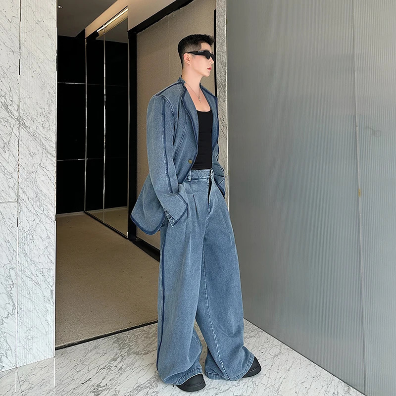 Men Denim Outfit Autumn Winter Two Piece Jacket Pants Suit Collar Patchwork n Loose Straight Casual Jeans Washed Distressed 251017