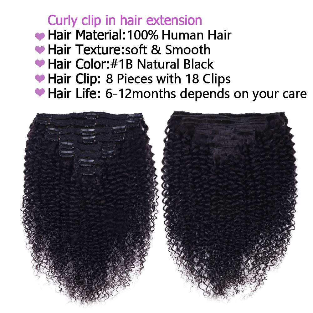 Brazilian Remy Human Hair Clip Ins 4C Afro Curly 8Pcs 18 Clips Full Head Set for Black Women 8-24 Inch Natural Colo