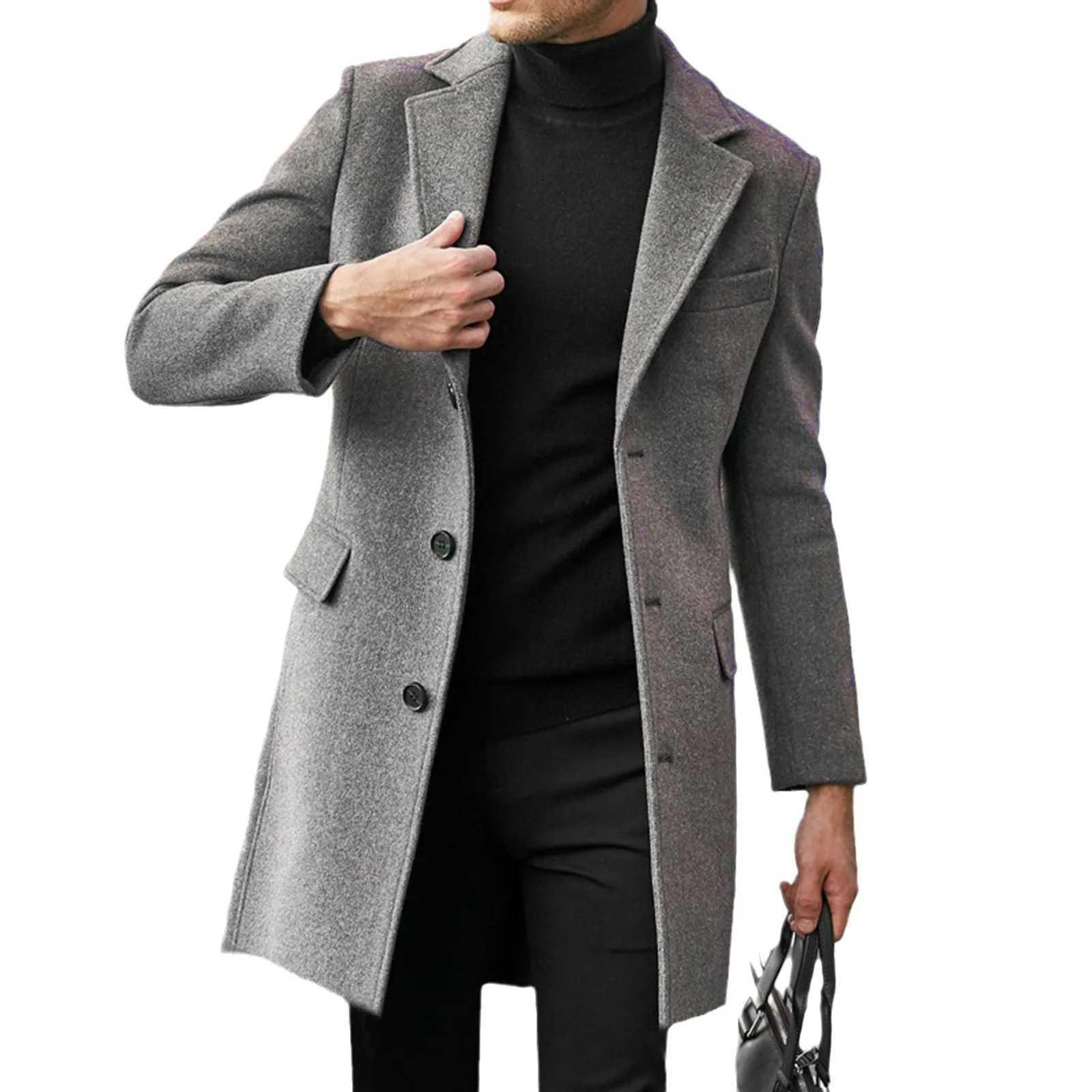 5XL Plus Size Mens Black Wool Blend Overcoat Mens Thickened Trench Coat Classic Stand Collar Long Coat ManT251025