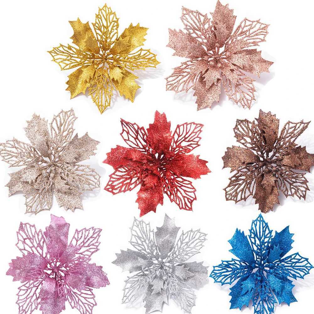 5PCS Christmas Flower Heads Colorful Glitter Powder Xmas Flower For Noel Tree Decoration Navidad Party Table Setting Supplies C251024