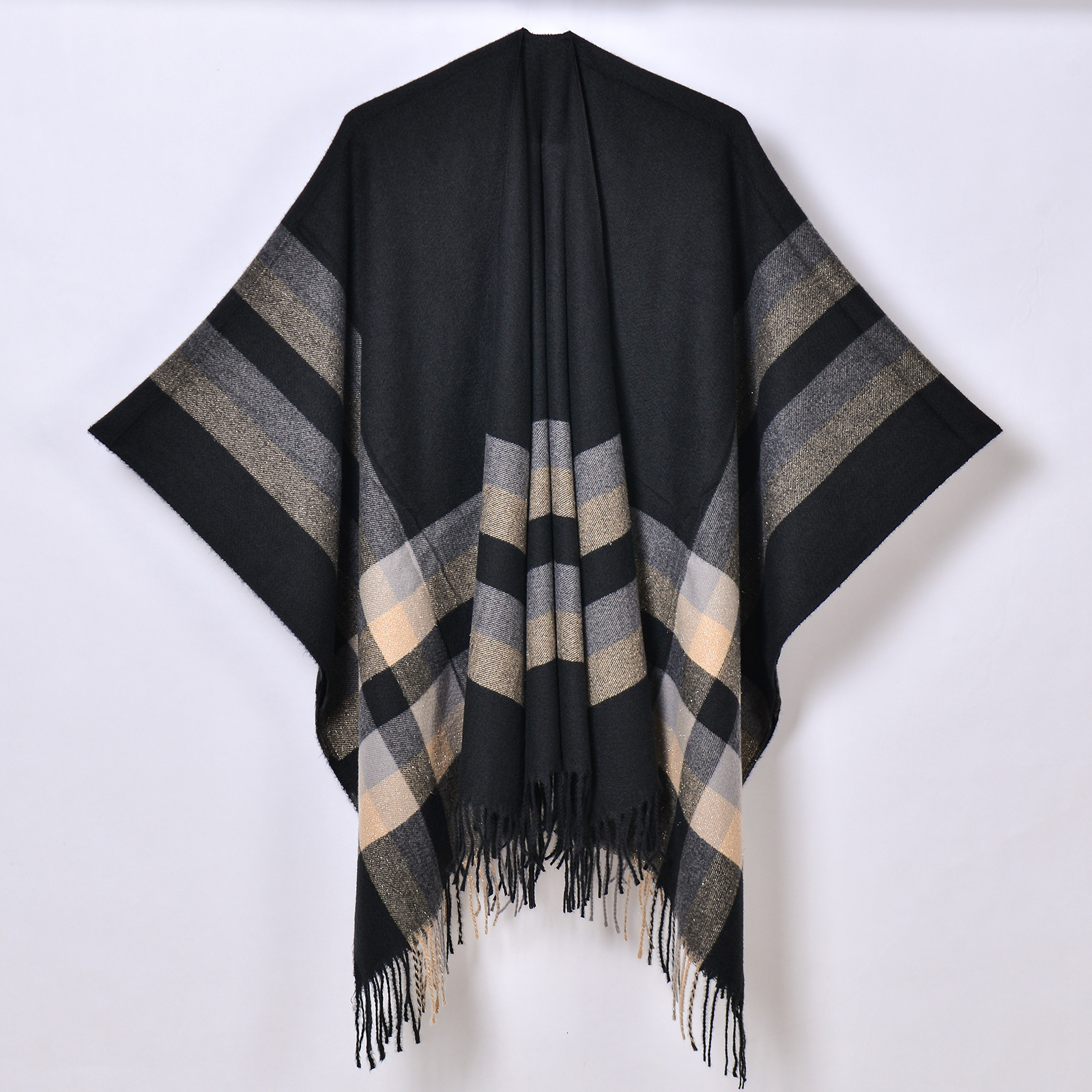 New Autumn Winter Silver Stripe Plaid Shawl Simple Versatile Split Cardigan Cape Office Blanket