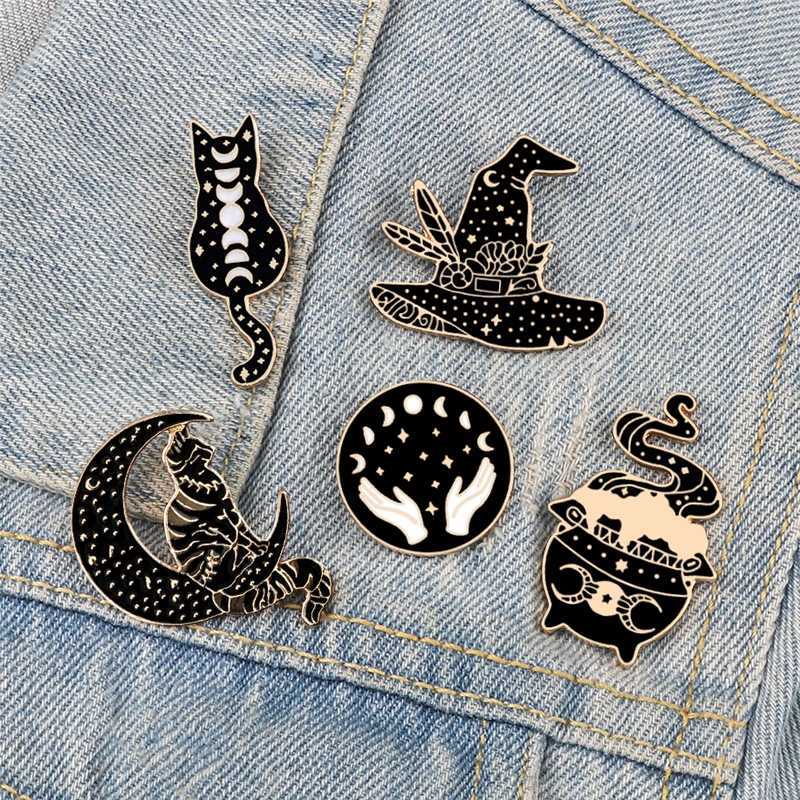 Witches Punk Black Enamel Pins Magical Hat Furnace Moon Cat Brooch Backpack Denim Lapel Pin Badge Dark Gothic Party Jewelry Gift J251115