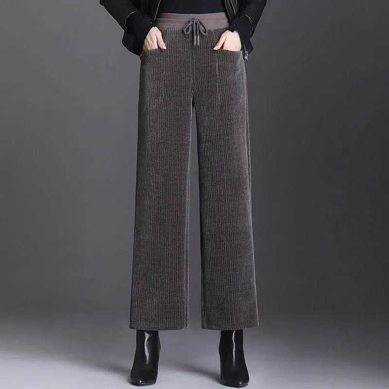 Fashion Autumn Winter Pants New Women Pockets Elastic High Waist Drawstring Plus Velvet Straight Wide Leg Ankle Length TrousersT251025