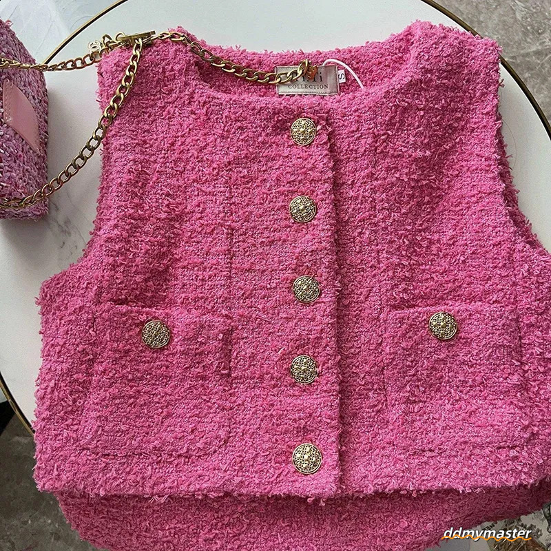 Tweed Vest Womens: Elegant O-Neck Sleeveless Wool Jacket, Korean Style Jacket. Lightweight Pink And White Coat For Women Ddmymaster