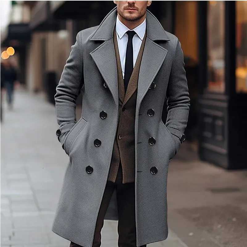 Autumn Winter Mens Woolen Coats Business Casual Fashion Double Breasted Long Woolen Trench Male England Style Wool Blends CoatT251025