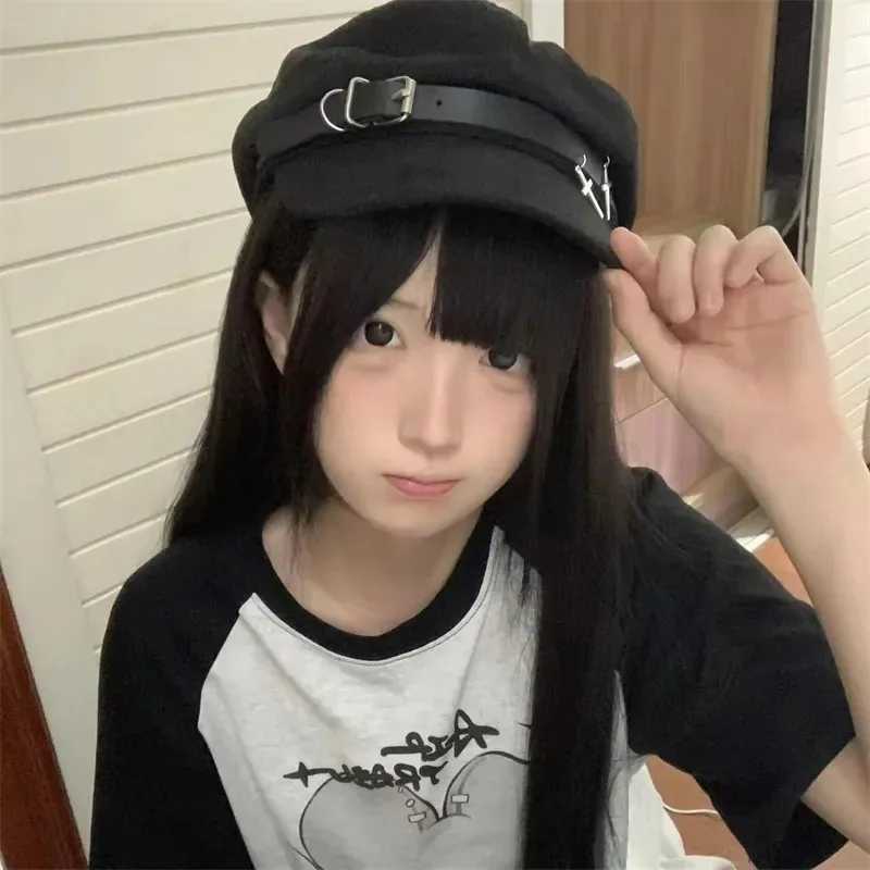 2025 Wen Harajuku Gothic Lolita Beret Hat C Y2K Girl Fashion Black Punk Cross Hats Handmake Decorative Beret Hats Wholes Y251025