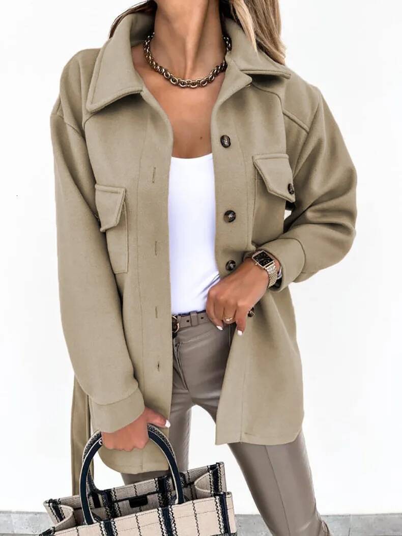 2023 Autumn/Winter New Women's Long Sleeve Temperament Solid Color Polo Button Lace Up Woolen Coat dongdumaoyi