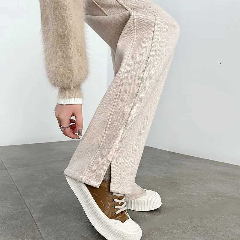 New Herringbone Pants for Womens Autumn and Winter Woolen Slit Pants Straight Banana High Waist Casual PantsT251025