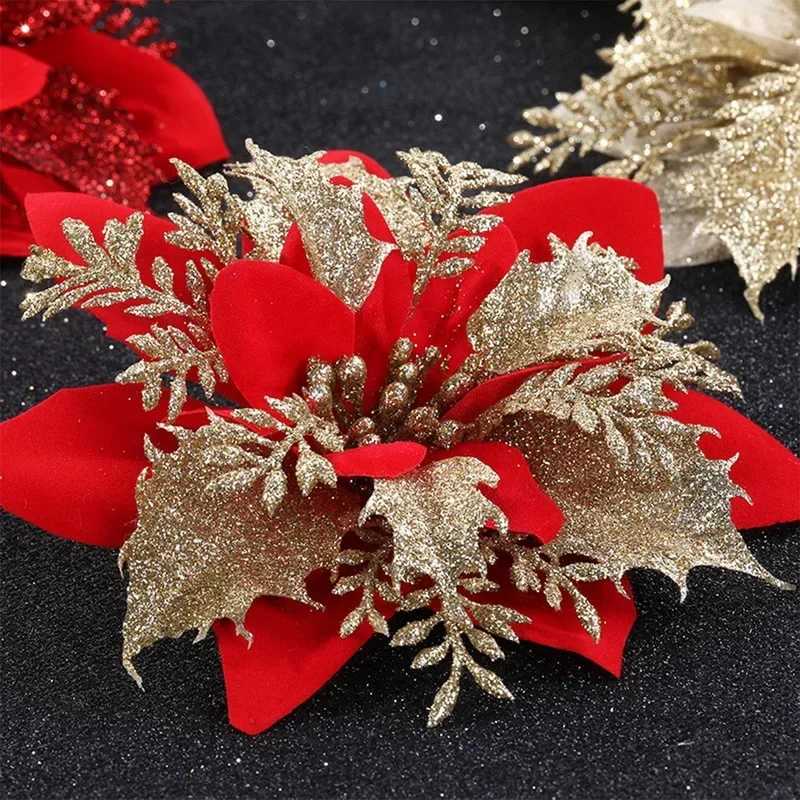 5PCS Glitter Artificial Christmas Flower Red Rose Head Flower Christmas Tree Decoration Home Wedding Party DIY Accessories C251024