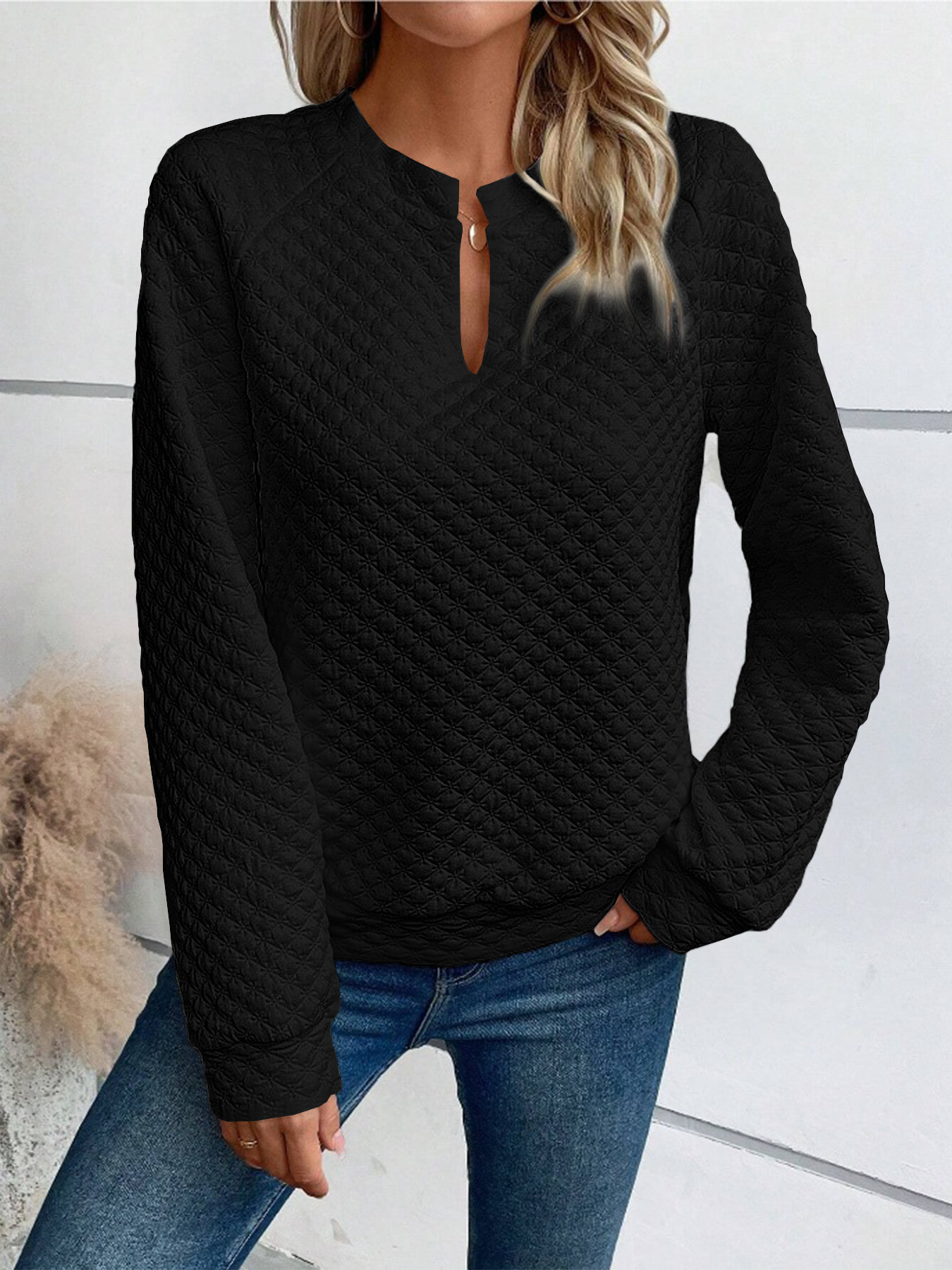 2025 Autumn Winter New Women's Solid Color Deep V-neck Patchwork Long Sleeve Casual Sweatshirt