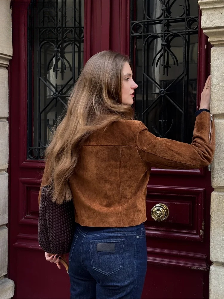 Street Suede Zippers Short Jackets Women's Vintage Lapel Full Sleeve Pocket Jacket 2025 Autumn Winter New Lady Casual Outwear dongdumaoyi