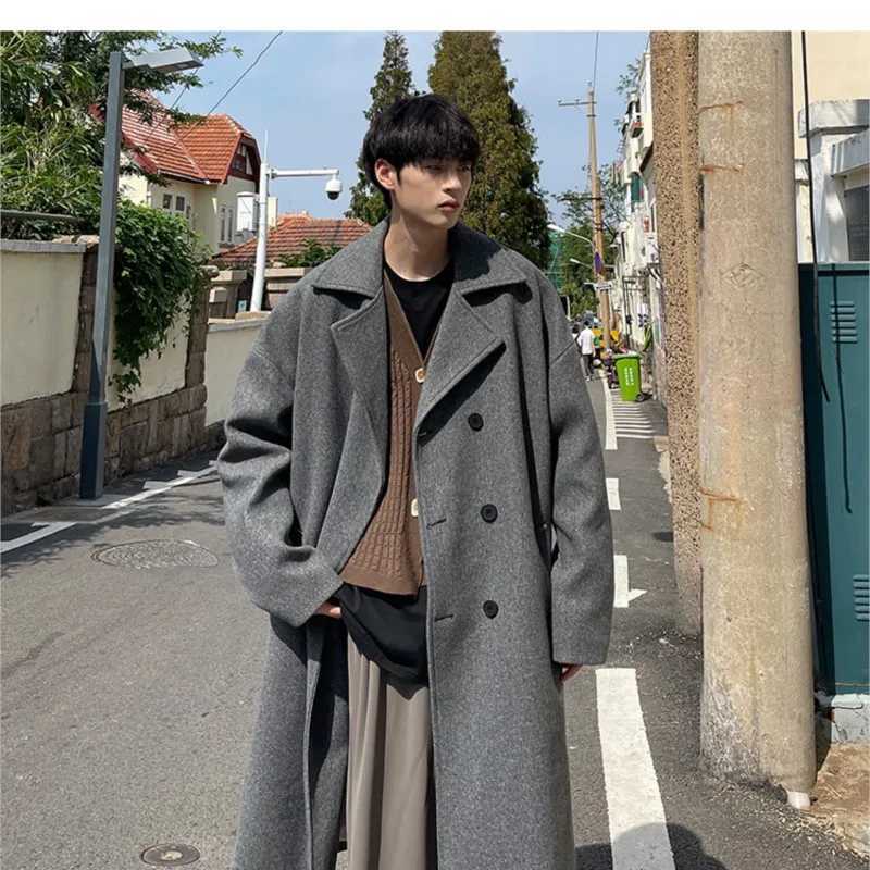 Long Dust Coat Men Winter Koreanstyle Trench Mens Solid Double Breasted Woolen Cloth Coat Loose Casual Trenchcoat OutwearT251025