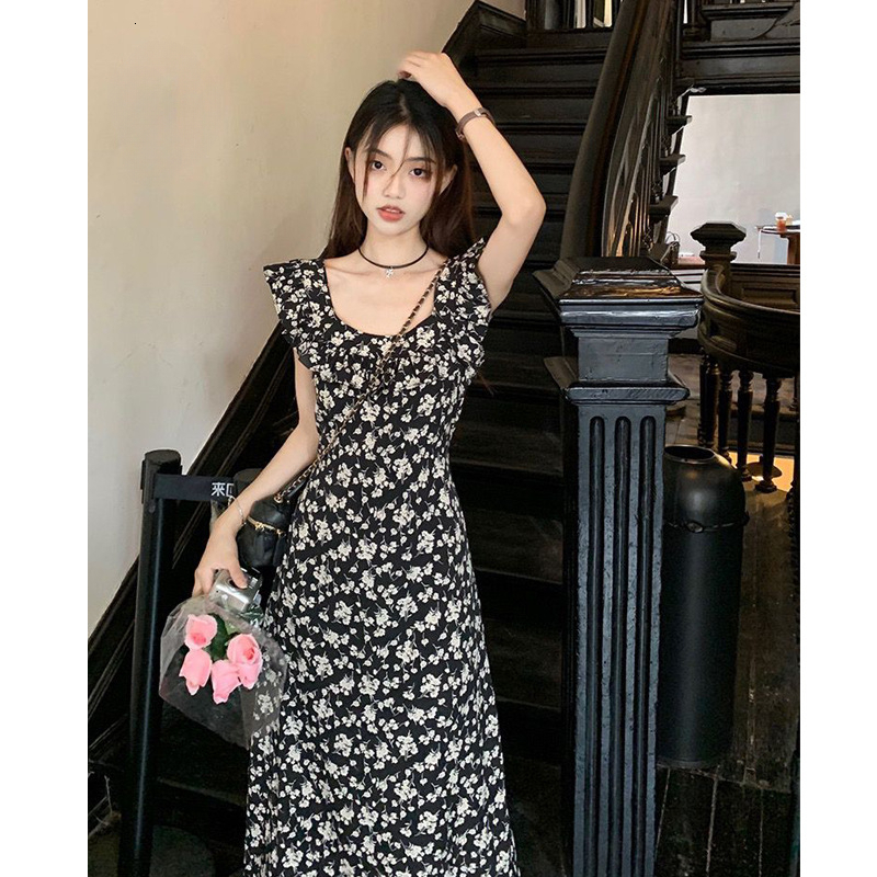 Summer new fashion designer women's ruffled floral high-end waist cinching slimming dress