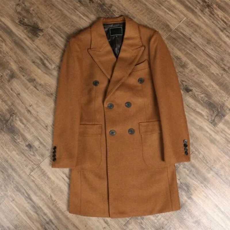 Men Wool Overcoat Doublebreasted 6 Button Peak Lapel Suit Long Outwear Jacket Customized Fashion Brown Long CoatT251025