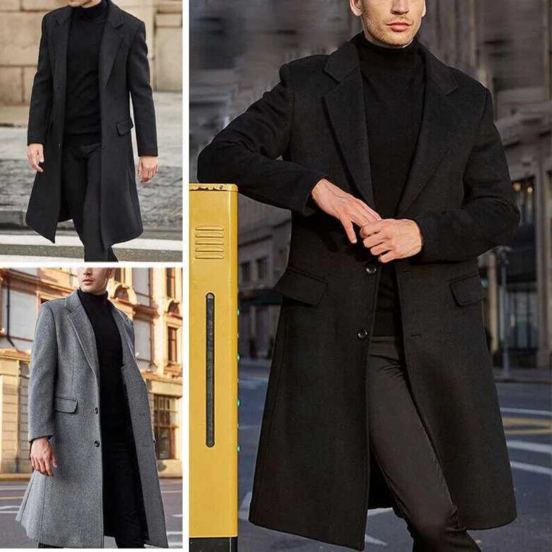 Blends Single Breasted Men Wool Coat Solid Jackets Turn Down Collar Overcoat Long Sleeve Pockets 2025 Winter Casual LooseT251025