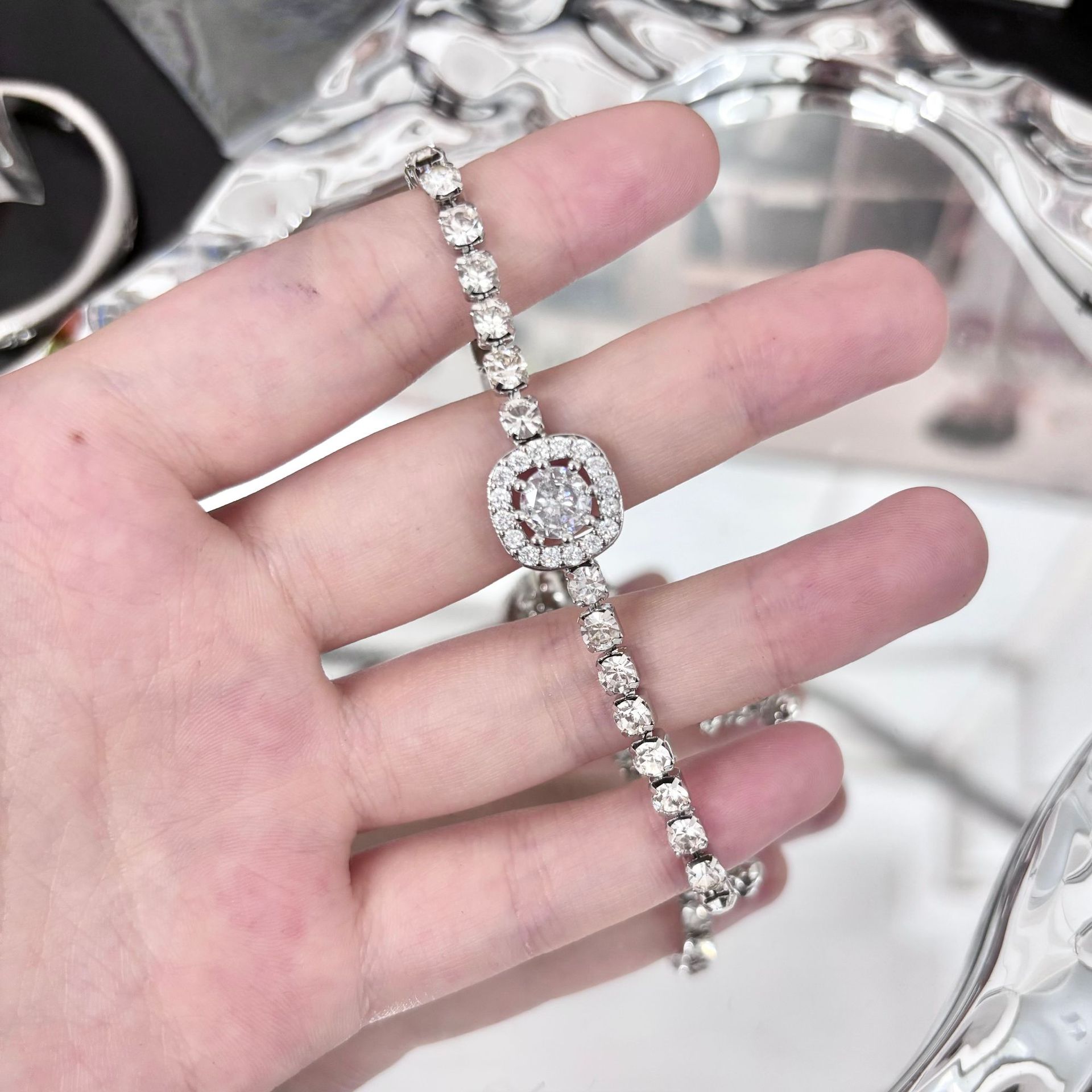 TaiYang New Gold Plated Copper Full Eternity Square Bracelet, Geometric Minimalist Cuff with Complete Crystal Pave for Women