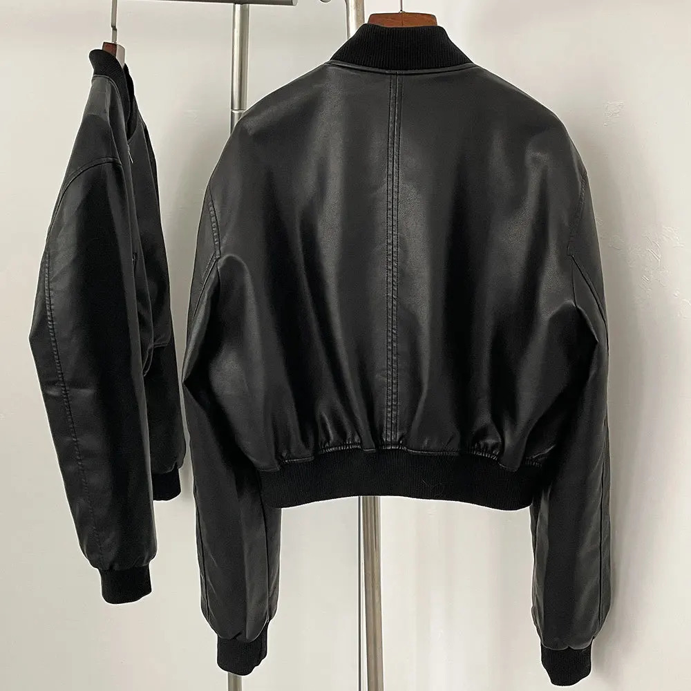 Autumn and winter leather solid color short coat retro style short zipper cardigan casual all match leather jacket female 251020