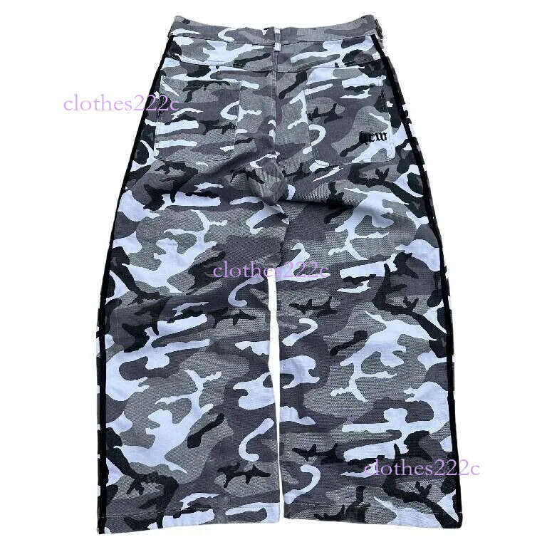 HCW Y2k Clothes Men Women Hip Hop Retro Tactical Camo Stripe Embroidered Baggy Jeans Low Rise Wide Leg Trouser