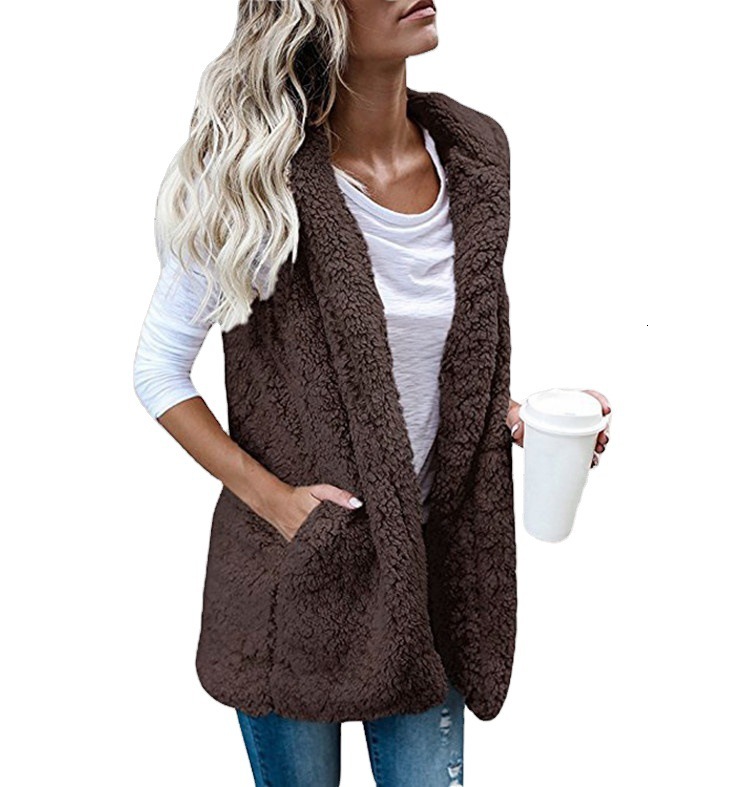 Autumn Winter Plus Size Women's Fashion Solid Color Sleeveless Hooded Pocket Fuzzy Vest