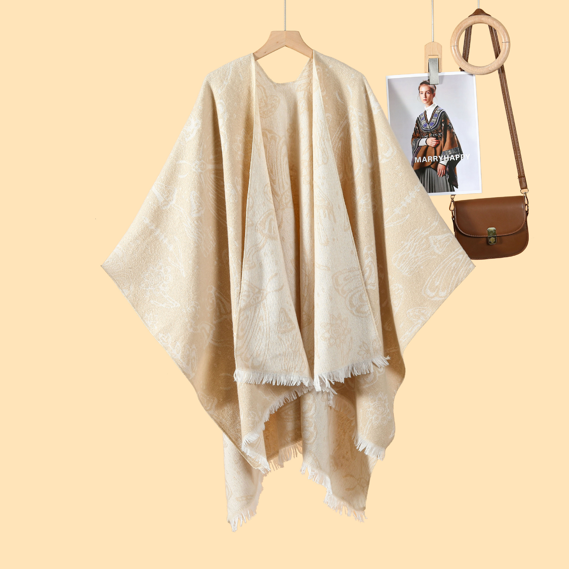 New Style Pastoral Style Womens DoubleSided Loose Beaded Jacquard Warm Split Outer Cape Cloak