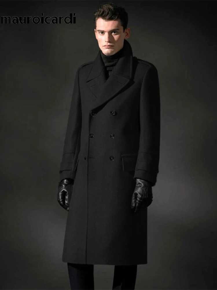 Mauroicardi Autumn Winter Long Warm Smart Casual Navy Blue Black Woolen Coat Men Double Breasted Luxury Wool Blends OvercoatT251025