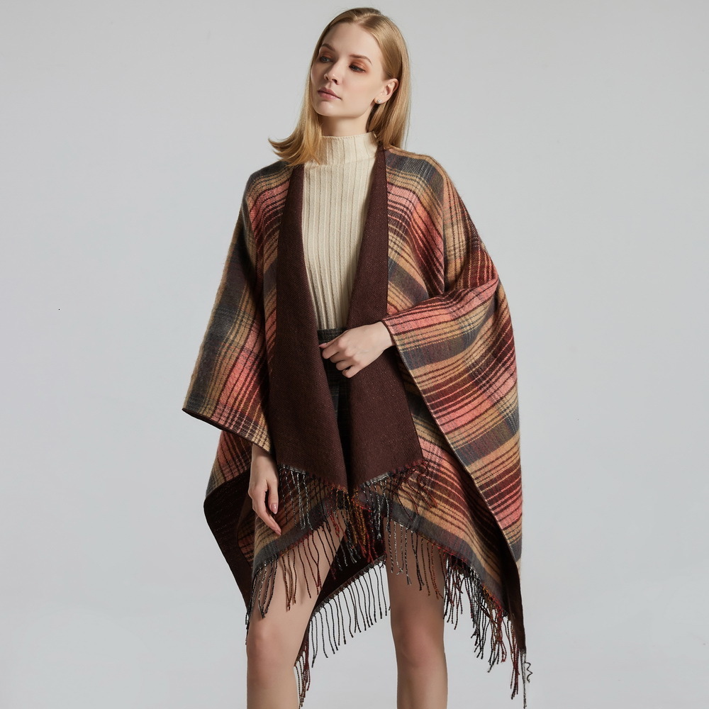 Scottish Classic Colorful Plaid Shawl Cape Imitation Cashmere Tassel Thickened Warm Split Shawl