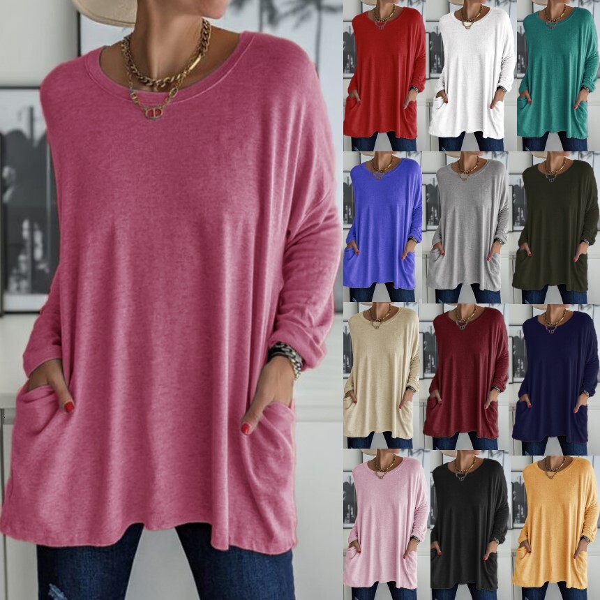 Spring Summer New Round Neck Long Sleeve Loose Pocket Solid Color T-Shirt Casual Women's Clothing