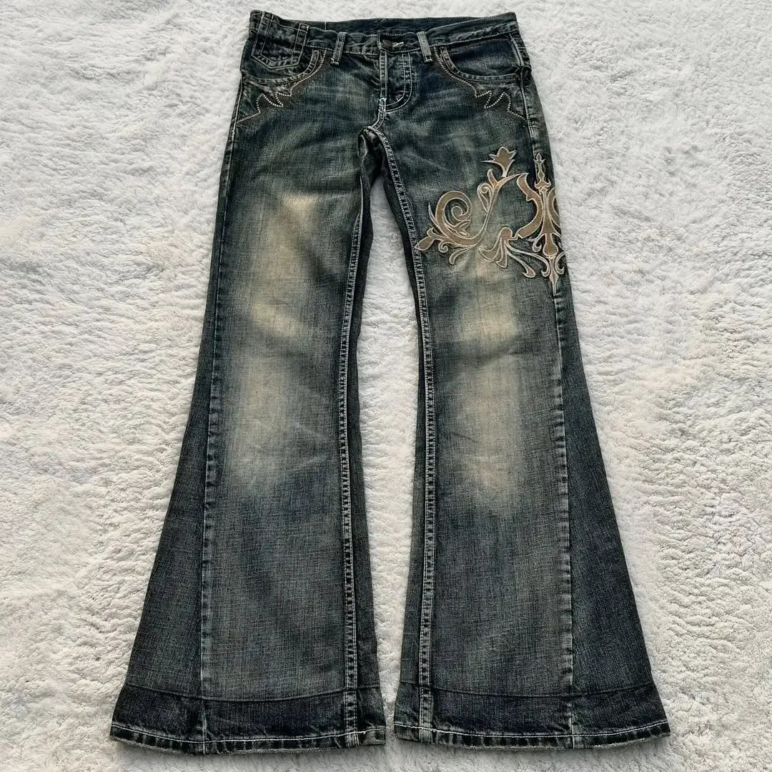 Street Harajuku Heavy Industries Retro Pattern Embroidery Blue Washed Jeans Womens Personalized Casual Splicing Flare Pants 251023