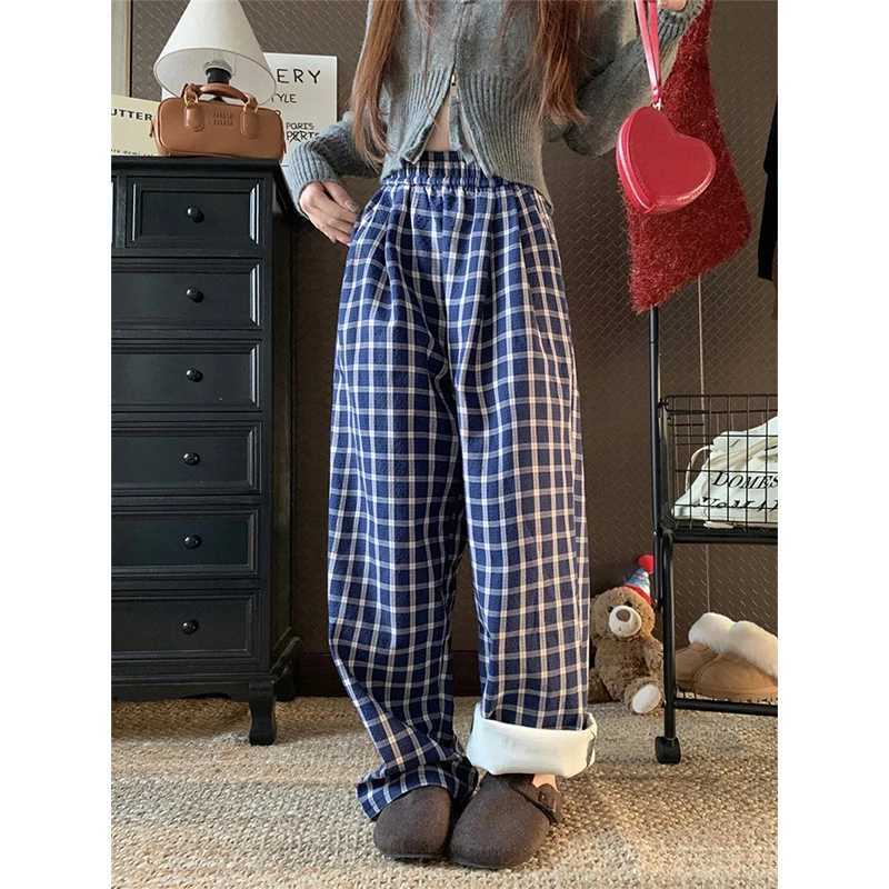 MEXZT Fleece Plaid Wide Leg Pants Women Harajuku Streetwear Baggy Pants Winter Vintage Korean Casual All Match Straight TrousersT251025